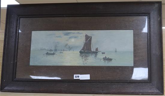 English School c.1900, oil on board, shipping on a calm sea, 7.5 x 21in.